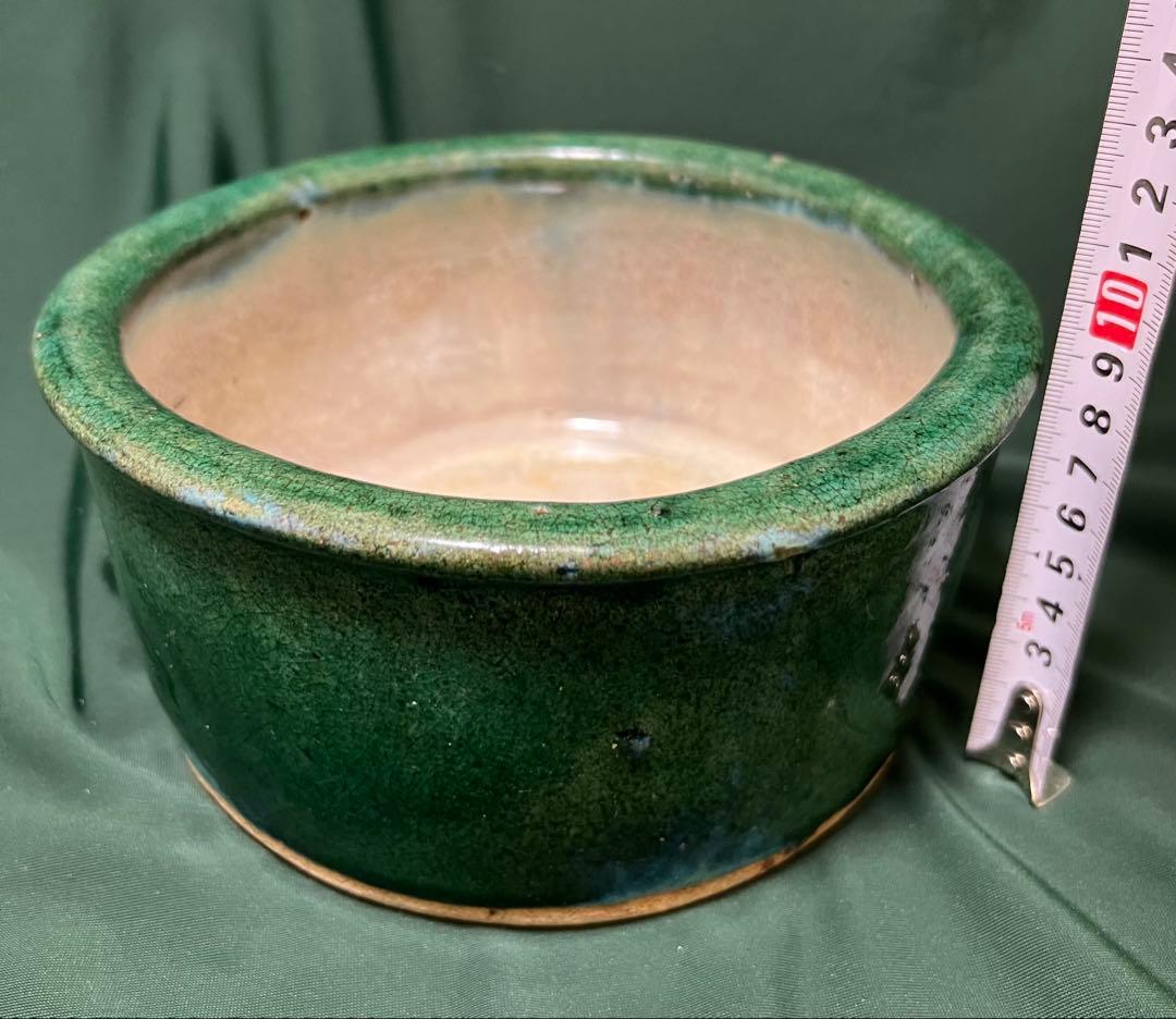 中国清朝緑釉 陶器古美術骨董品 時代物 高さ9cmx口径19.5cm整理品現状品