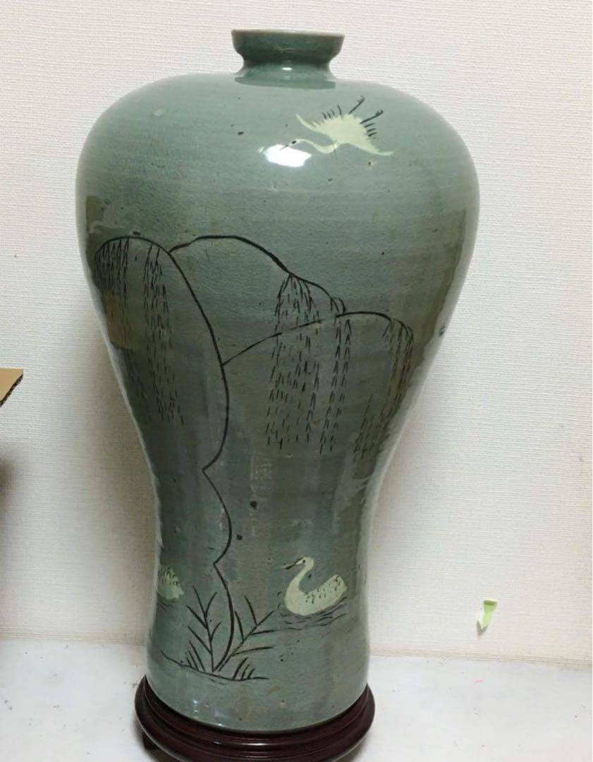 李朝　大珍品　緑色の陶器製花瓶 水辺の風景骨董品保証