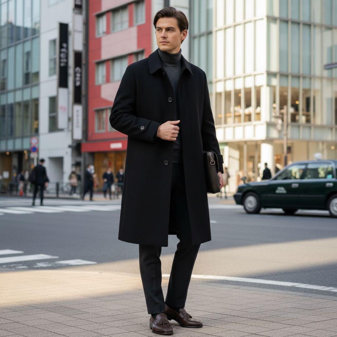 【美品】Gent Laurel ステンカラーコート カシミヤ ロング丈 ブラック