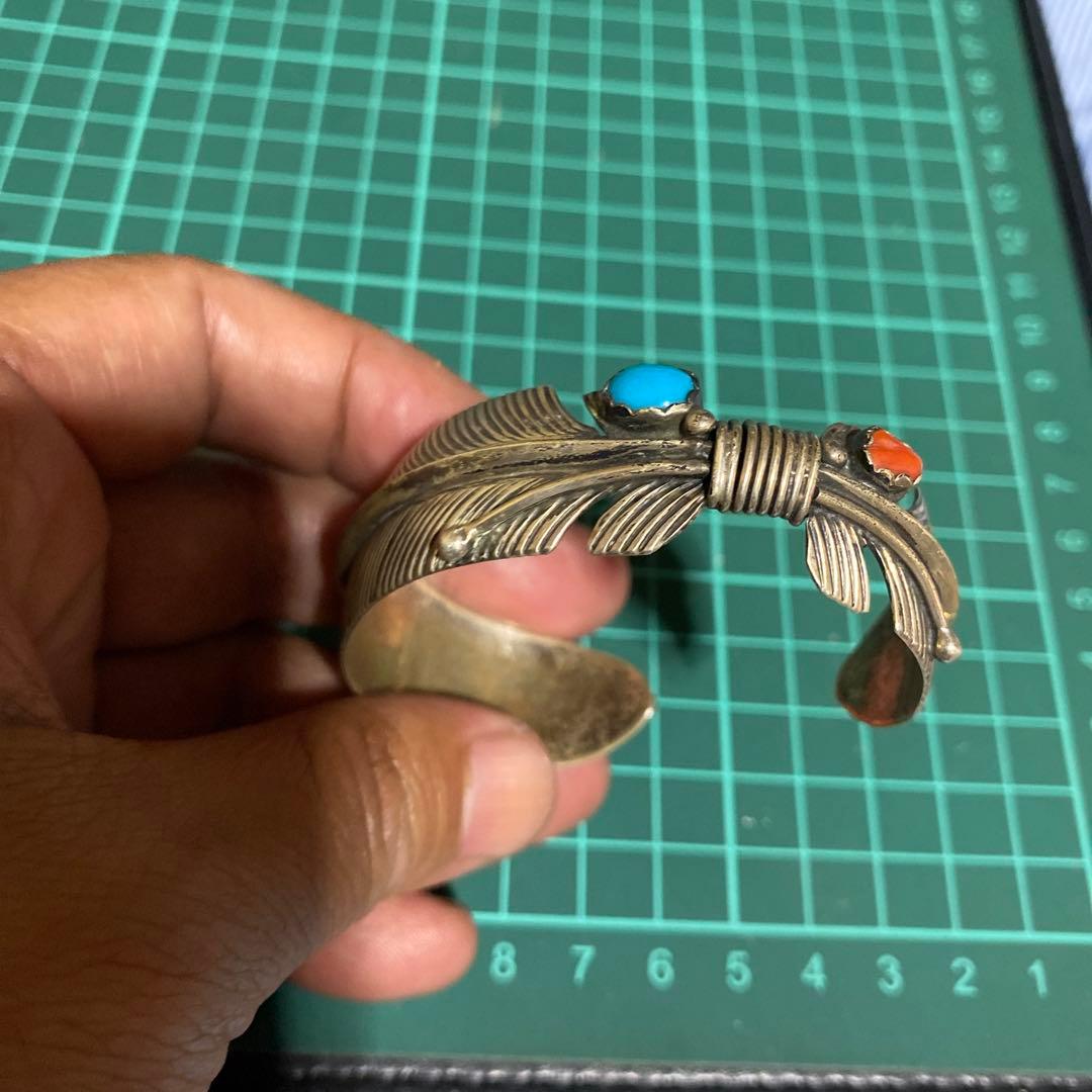 インディアンジュエリー　925 ブレスレット　ターコイズ　珊瑚　スターリング　羽