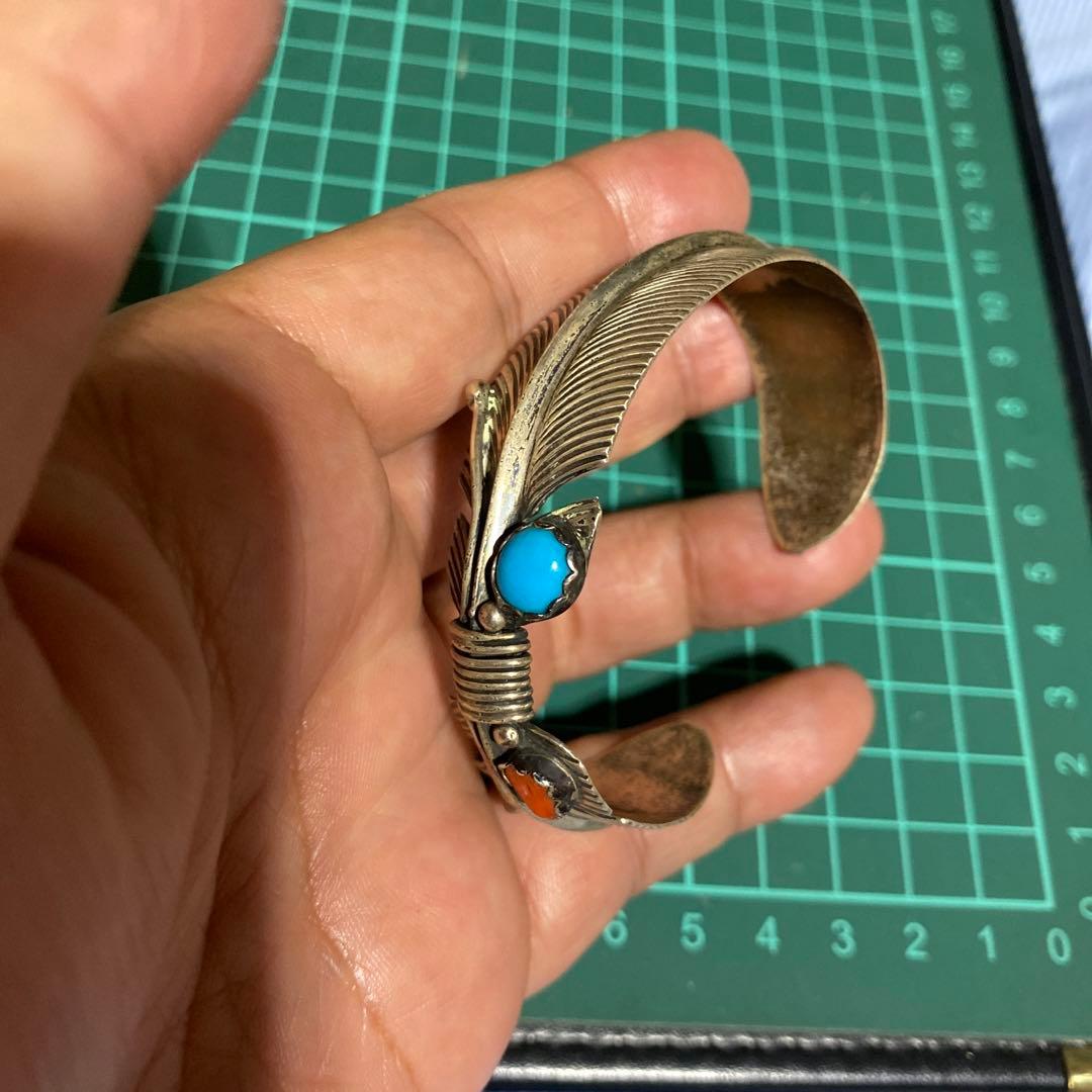 インディアンジュエリー　925 ブレスレット　ターコイズ　珊瑚　スターリング　羽