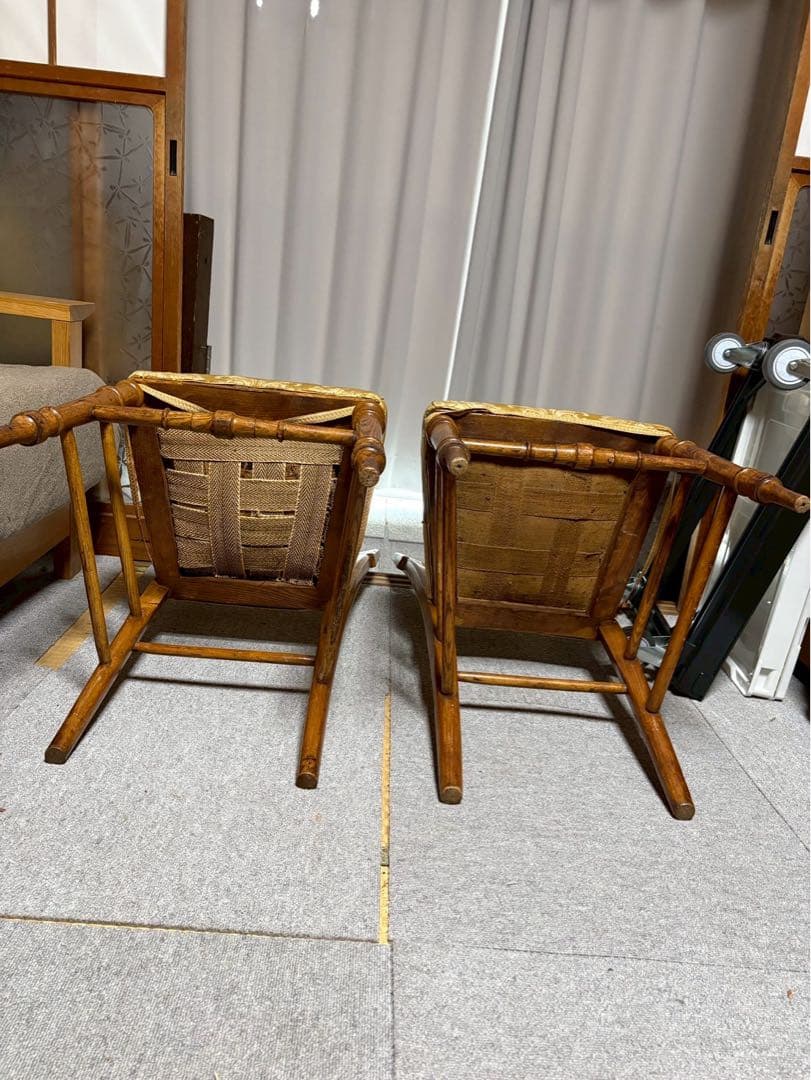 アンティーク調 木製ダイニングチェア 2脚セット 布張り　当時物　昭和レトロ
