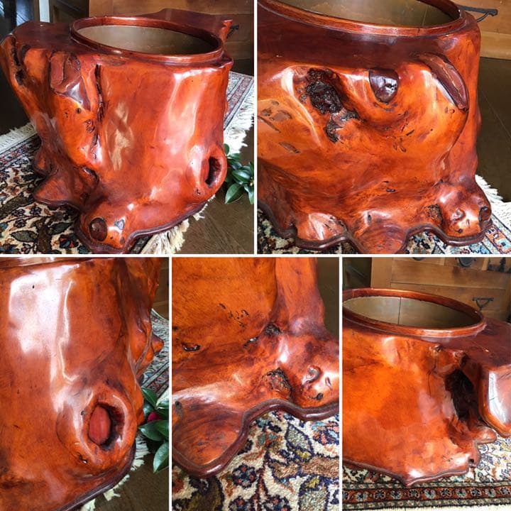 837 天然木　杢　刳抜　火鉢　【五徳　火箸　灰さじ付き】