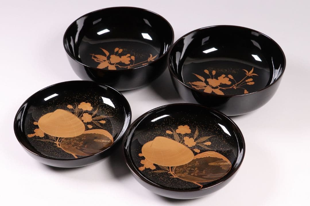 CL72 加賀蒔絵 貝合わせ蒔絵 黒塗椀 二客 蛤 桜 本金 梨地 木製漆器