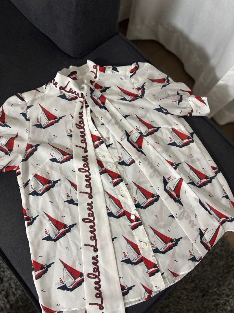 帆船プリント 半袖シャツ リボン付き