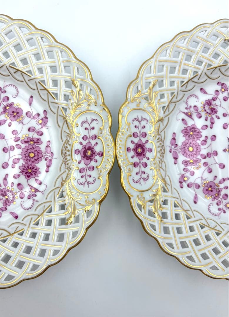 【希少】マイセン　インドの華　リッチピンク　20cm 透かしプレート　2枚セット