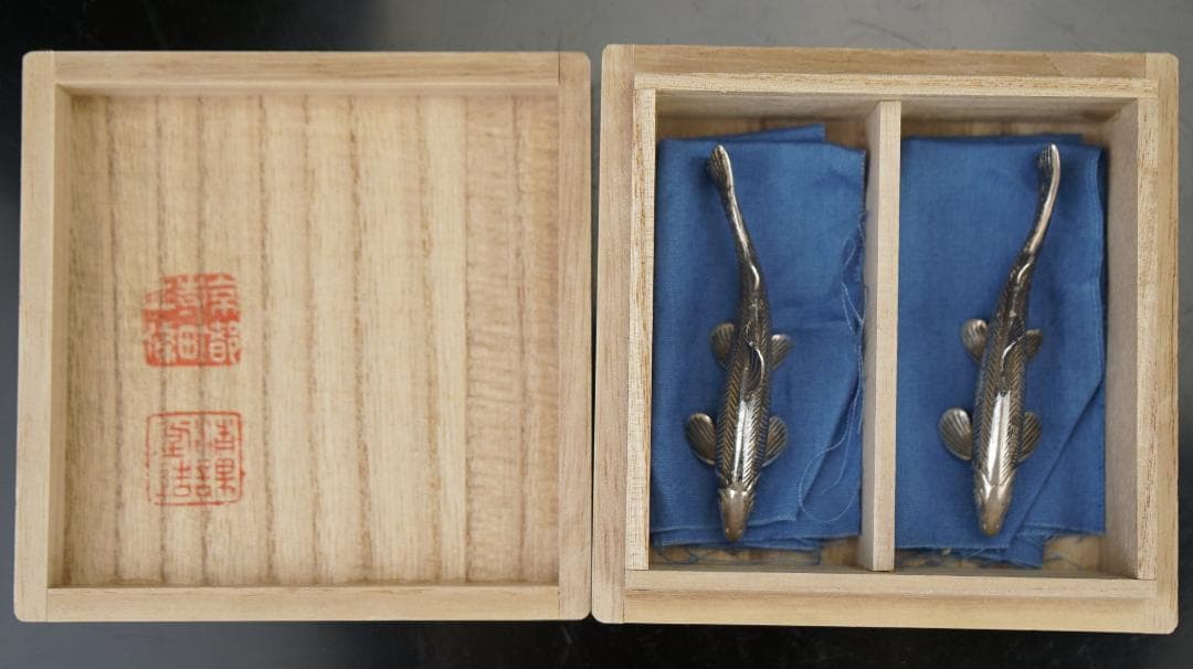 希少品！京都　清課堂　銀製　銀鮎　壱対　裏に刻印【梅】＆【銀製】有　共箱　茶道具