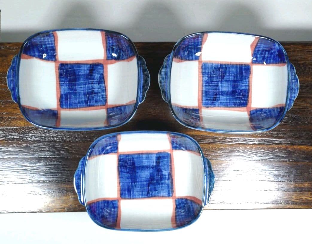 赤津焼　手描き市松　15.5cm手付き鉢　３個　新品未使用　送料込み　和食器