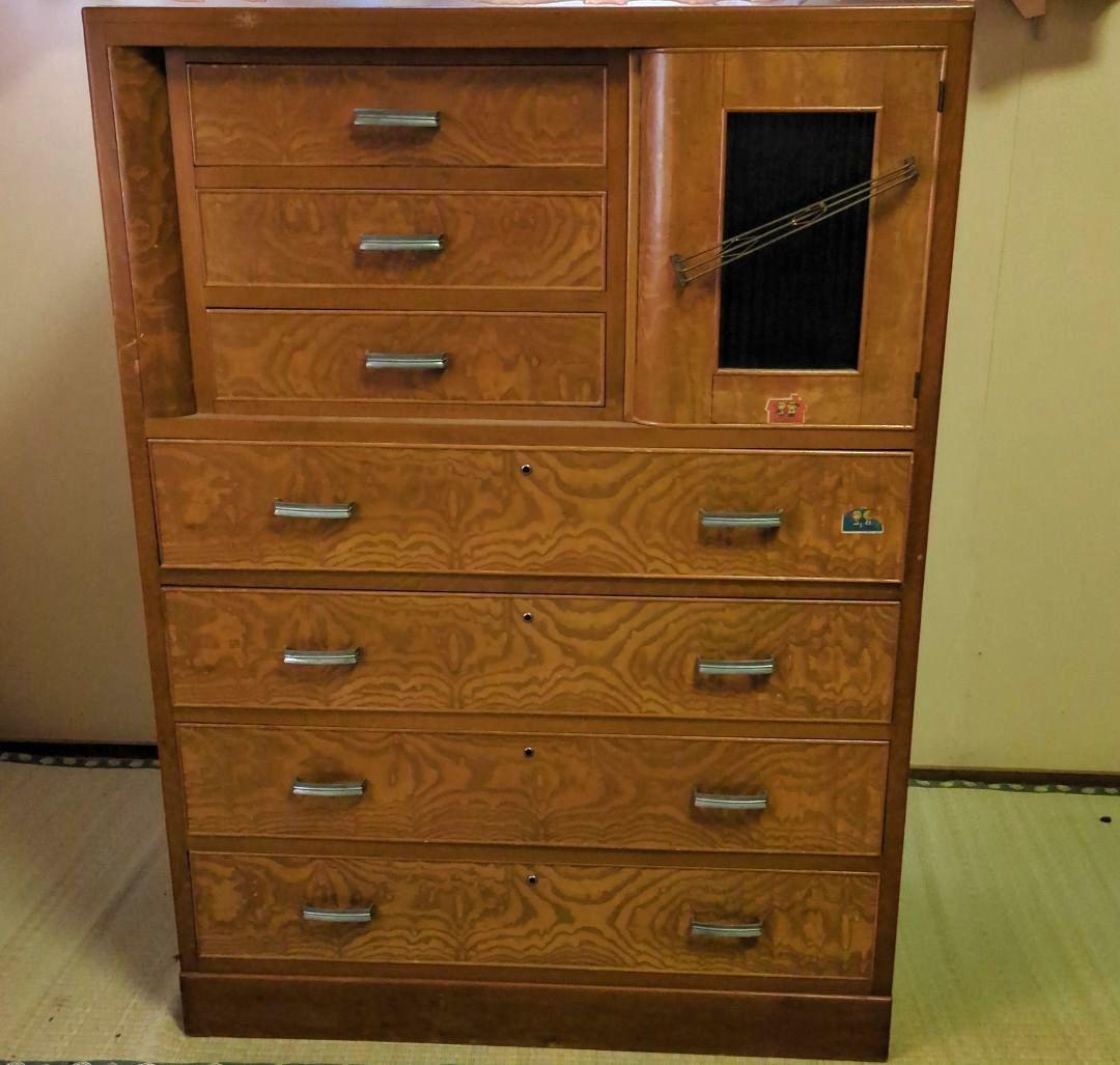 昭和　レトロ　タンス　箪笥　チェスト　引き出し　波板ガラス　ガラス戸