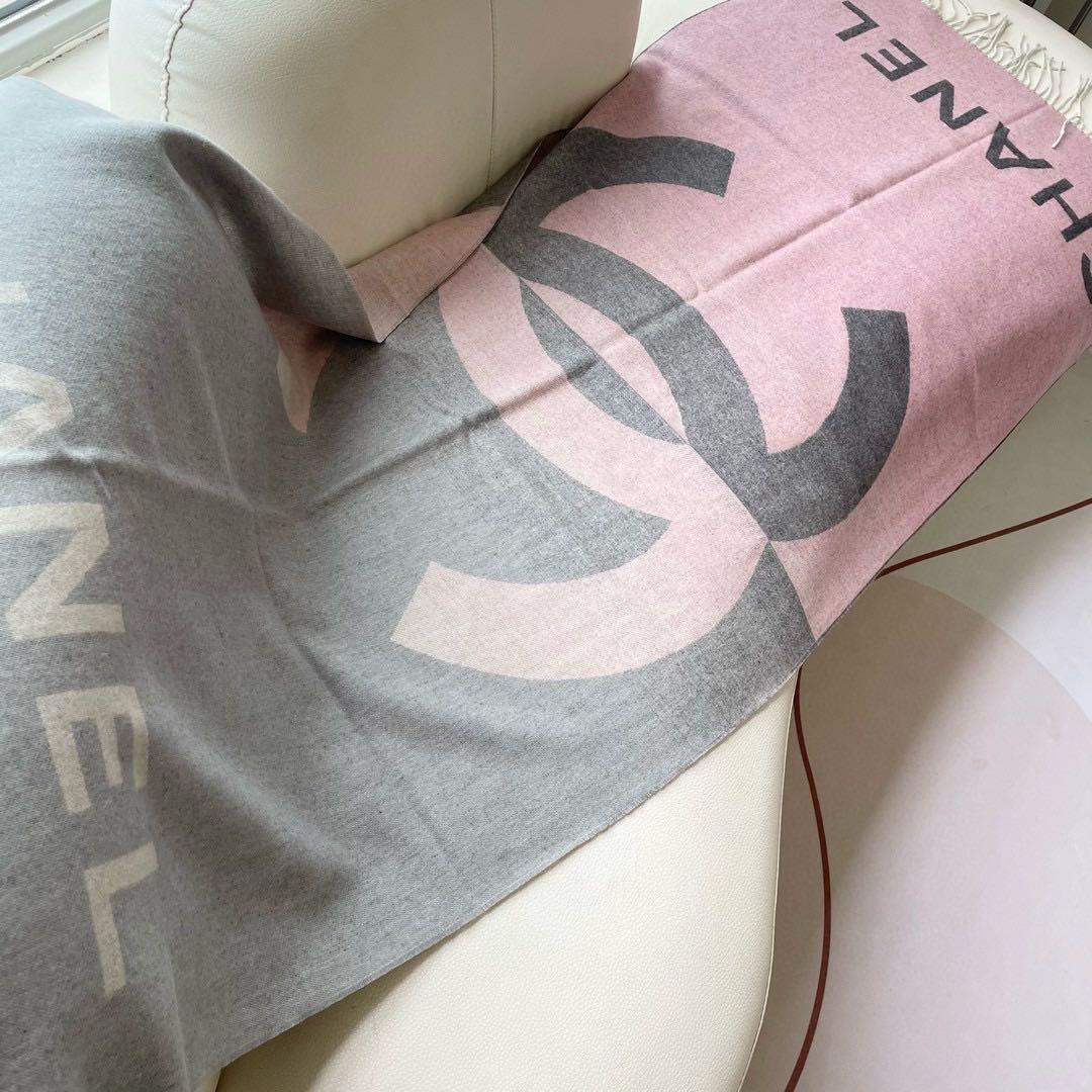 CHANEL マフラー　ピンク×グレー　大判ロゴ