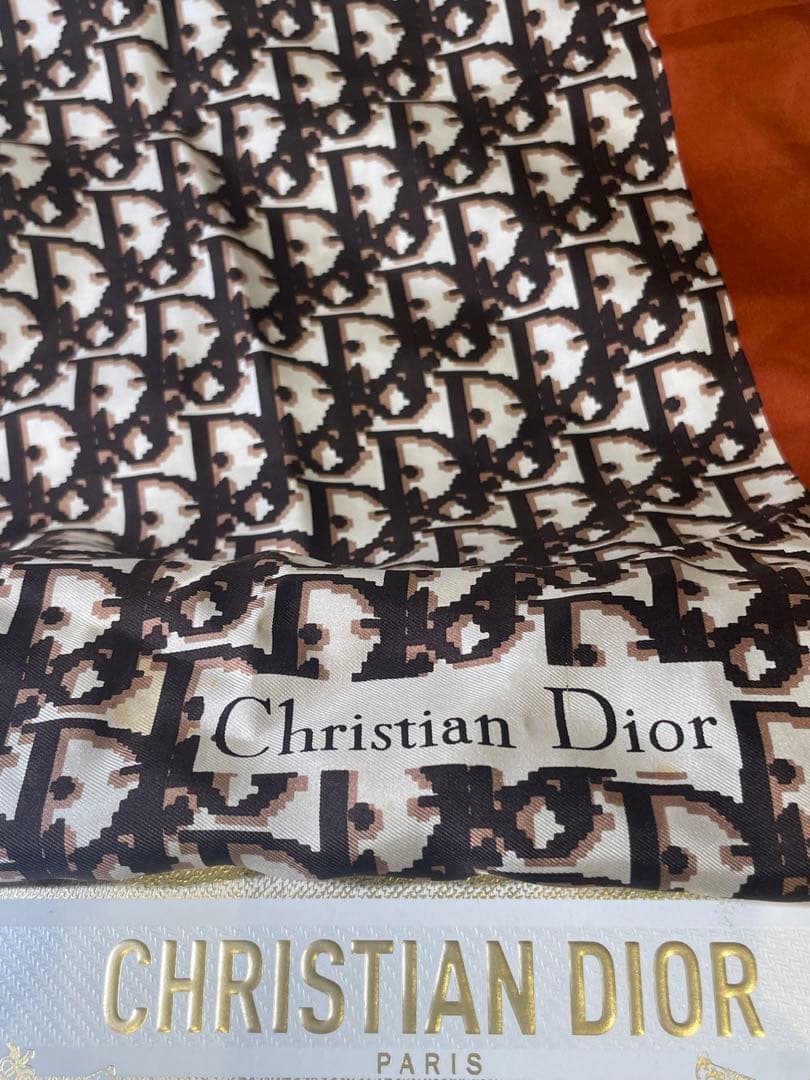 【美品】ChristianDior スカーフ ブラウン　ホワイト　オレンジ系