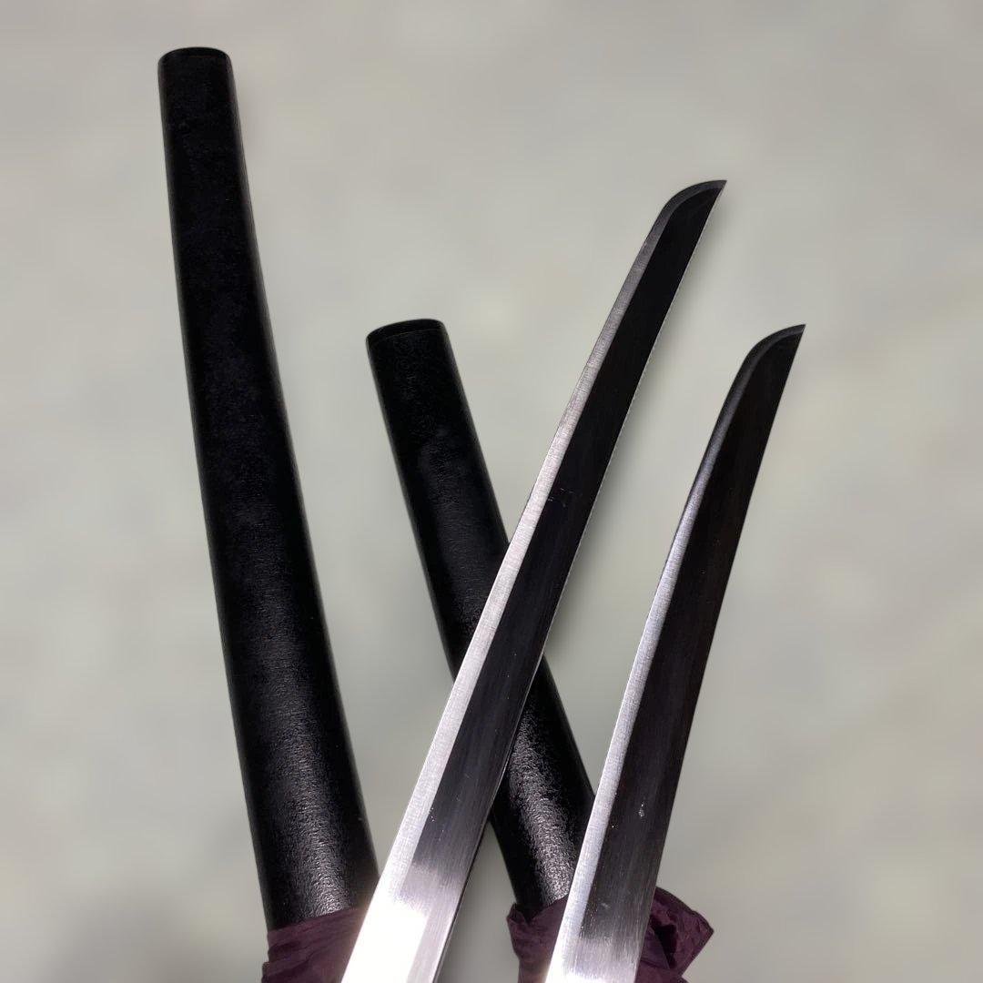 高級模造刀大小２本(刀袋付) 青柄 鶴羽透し丸鍔 黒梨地鞘