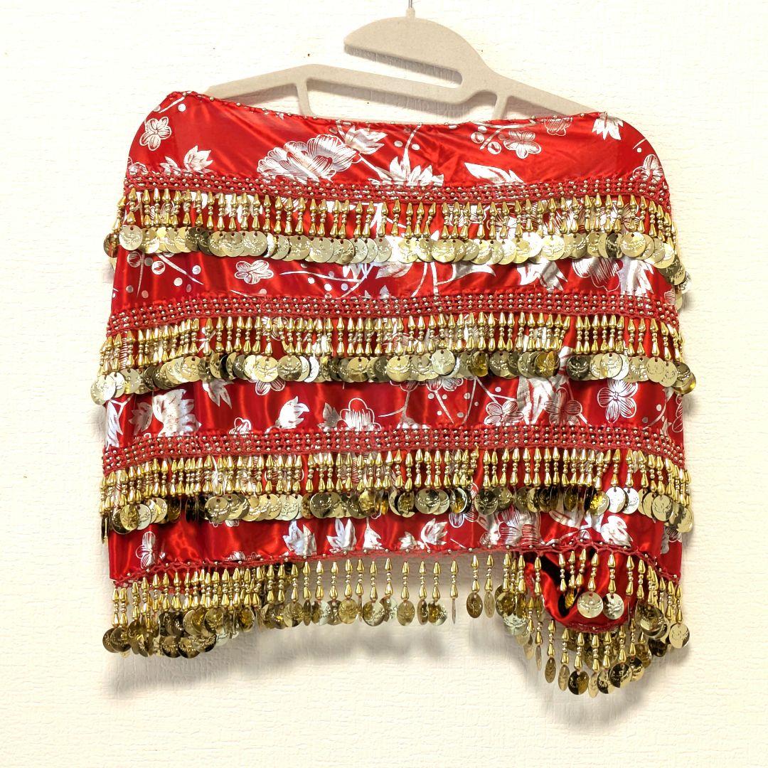 エジプト製 ベリーダンス用 柄入りショール 赤×ゴールド装飾