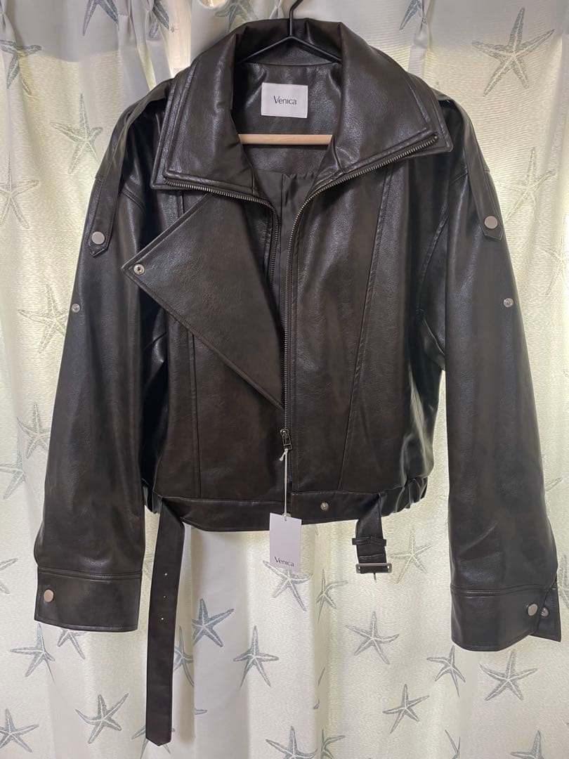 定価以下Venica Carven スタンドカラーレザーブルゾン　ブラウン
