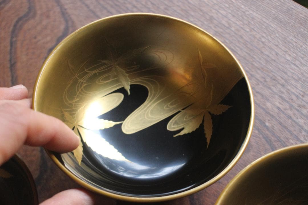 時代逸品！端正な金縁黒漆に極上竜田川蒔絵の映えるお椀2点（検京塗蒔絵椀