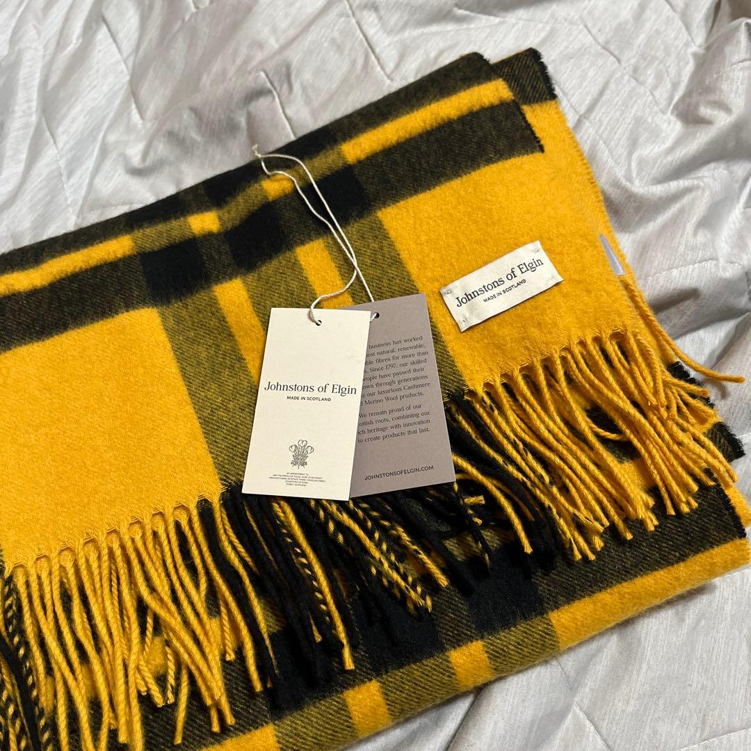 ジョンストンズ カシミヤ　大判　ストール　黄色　チェック　美品