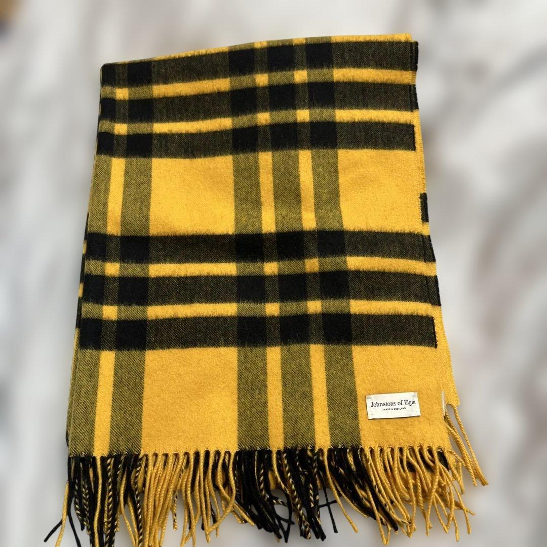 ジョンストンズ カシミヤ　大判　ストール　黄色　チェック　美品