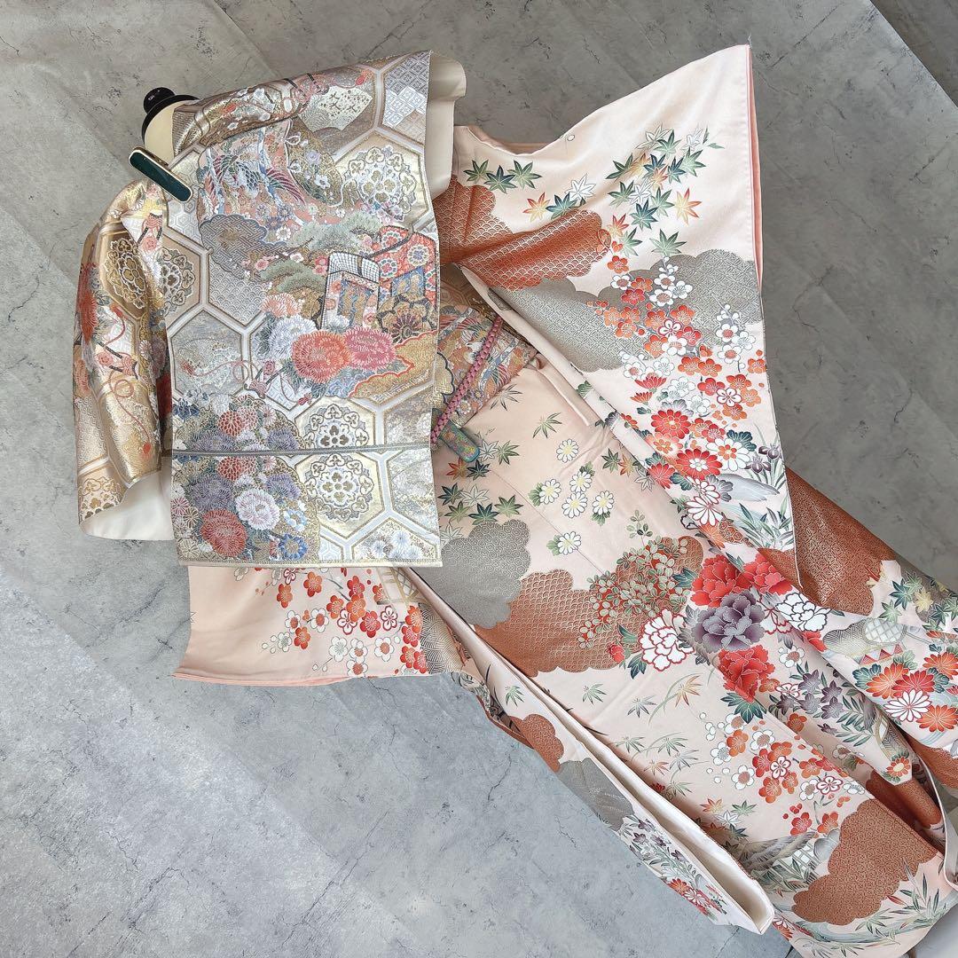 振袖フルセット　正絹　古典柄　難あり　ピンクベージュ　可愛い　m4