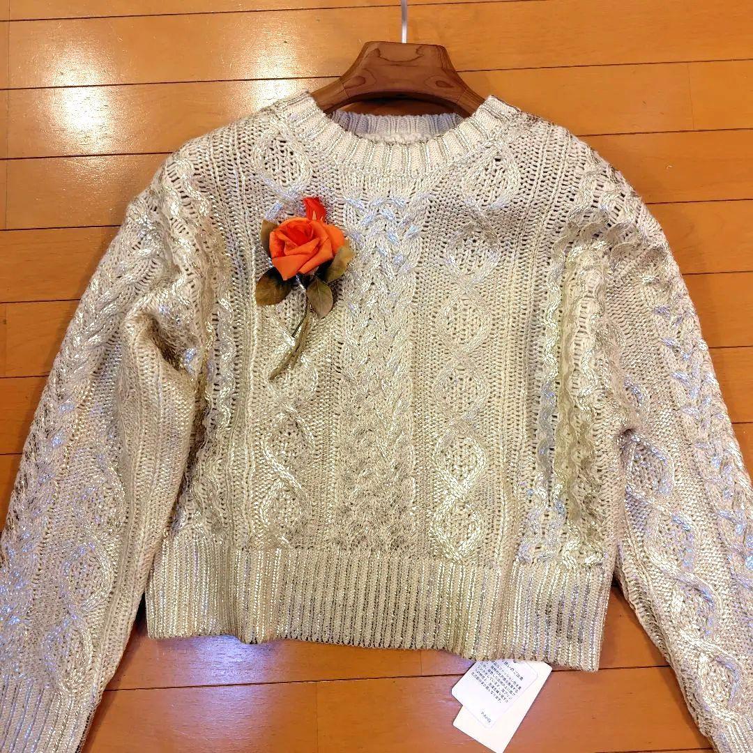 プラスオトハ 箔デザイン ケーブルニットプルオーバートップス