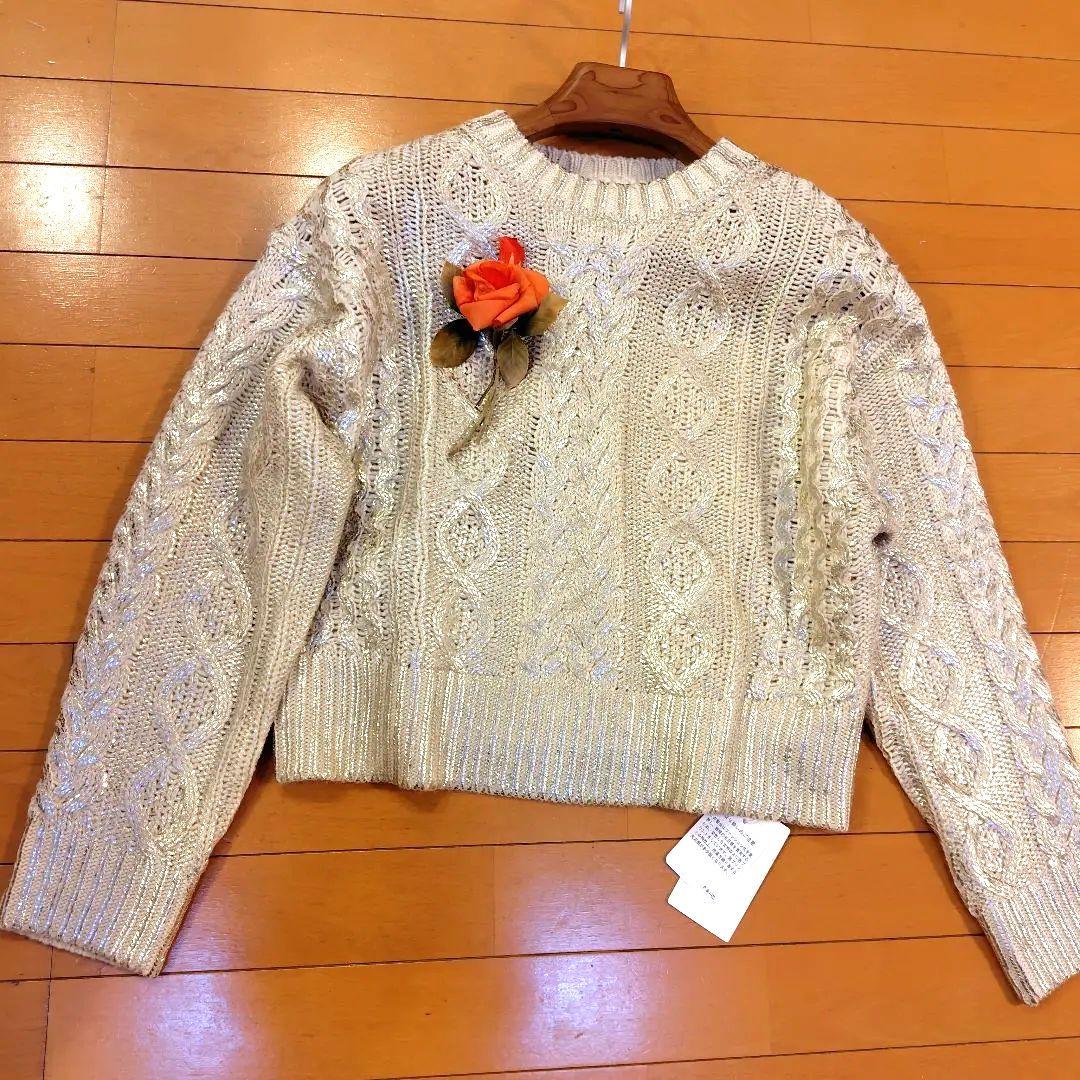 プラスオトハ 箔デザイン ケーブルニットプルオーバートップス