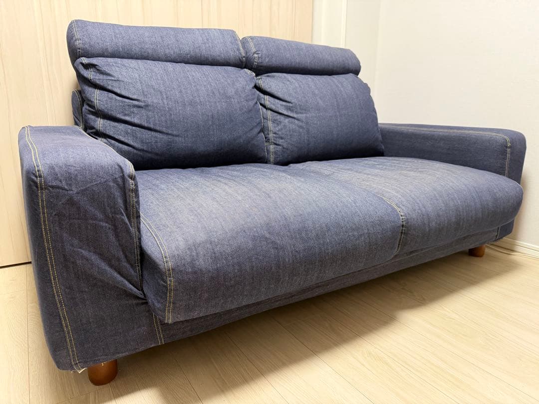 （値下げ）無印良品 2人掛けソファ ヘッドレスト付き デニム調カバー