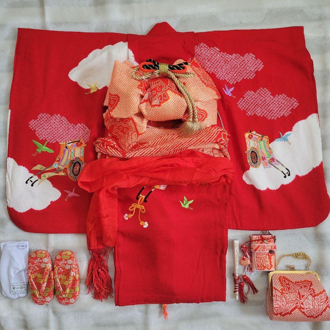 【正絹】七五三 3歳 4歳 女の子 フルセット 着物 帯 赤