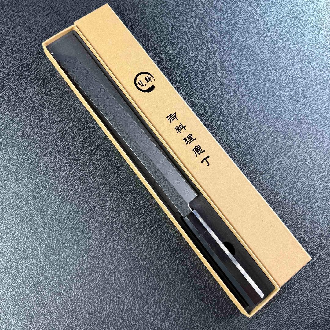 9697新品 ダマスカス 先丸包丁 尺一 海流紋 105層 黒檀黒水牛角八角柄