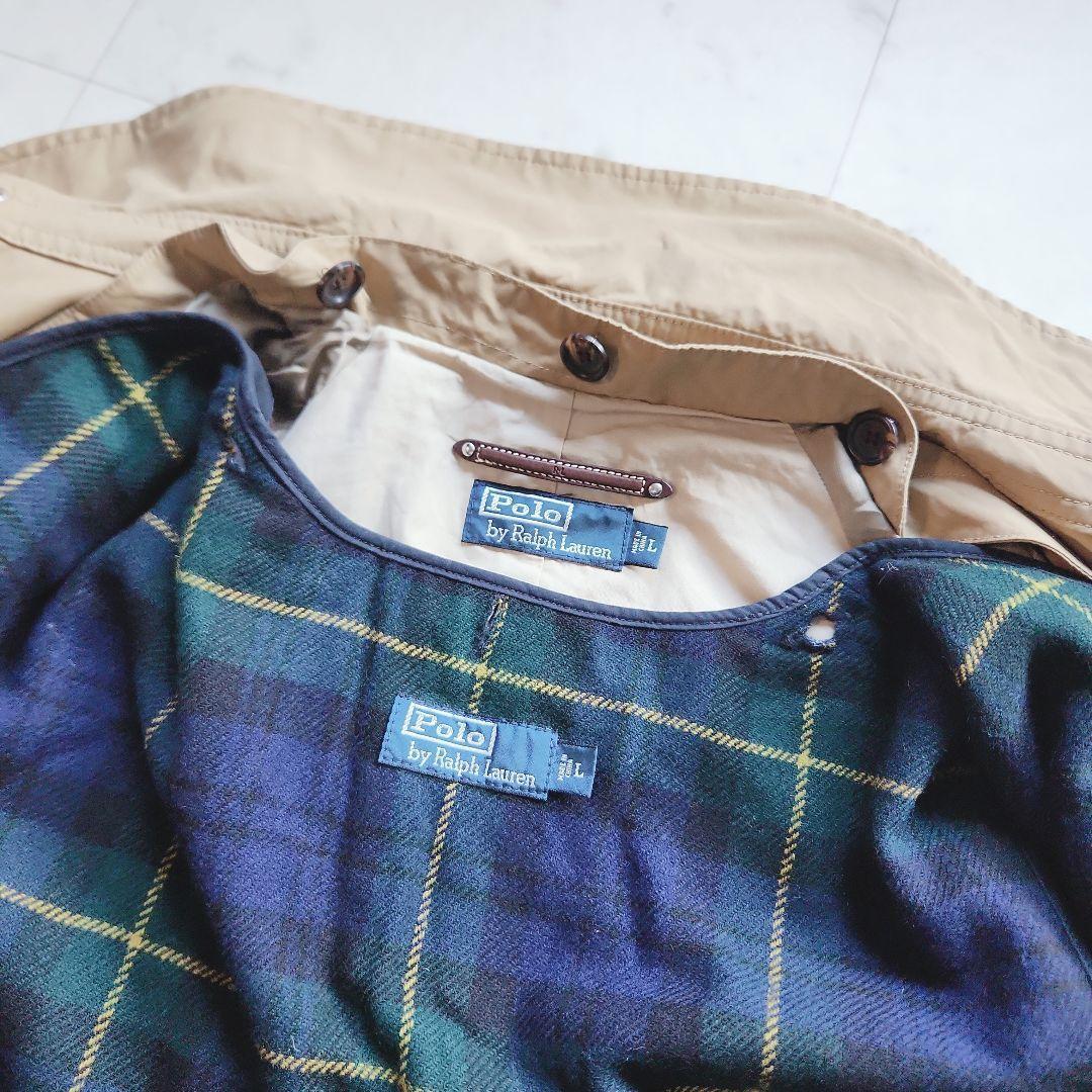 美品 ラルフローレン チェック中綿ライナー付 トレンチコート ベージュＬ