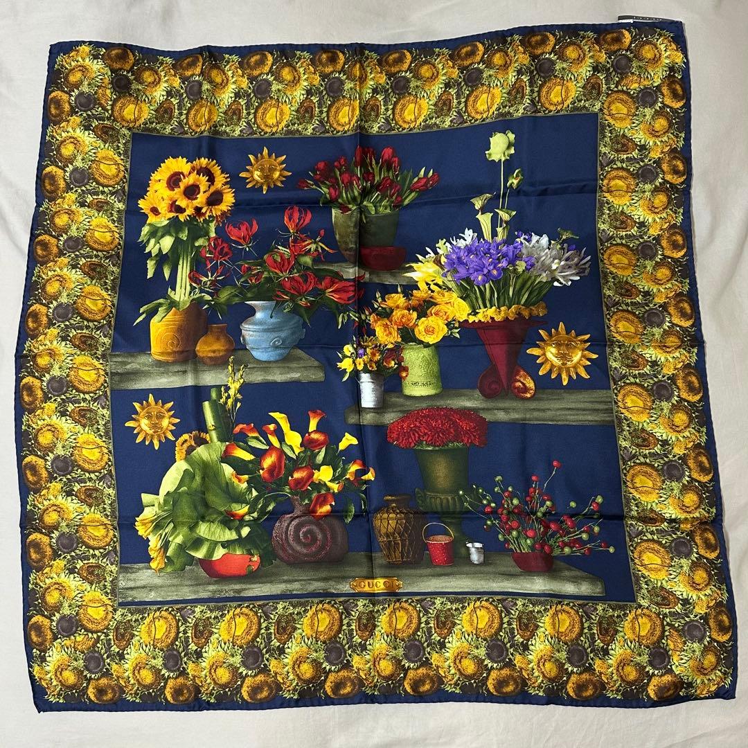 ■GUCCI　■スカーフ　■花　■ネイビー　■ひまわり　■ヴィンテージ