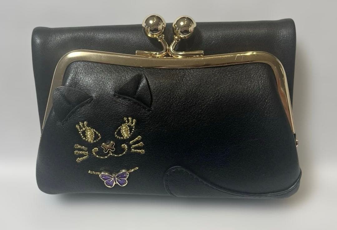 アナスイ がま口 二つ折り財布 猫ブラック