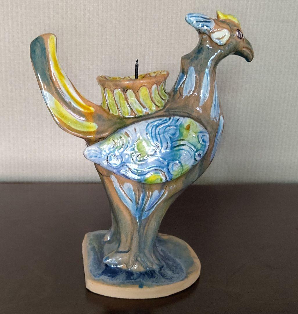 ペルシャ風　三彩　鳥型燭台　芳炎作　一念窯　陶器 キャンドルスタンド 日本