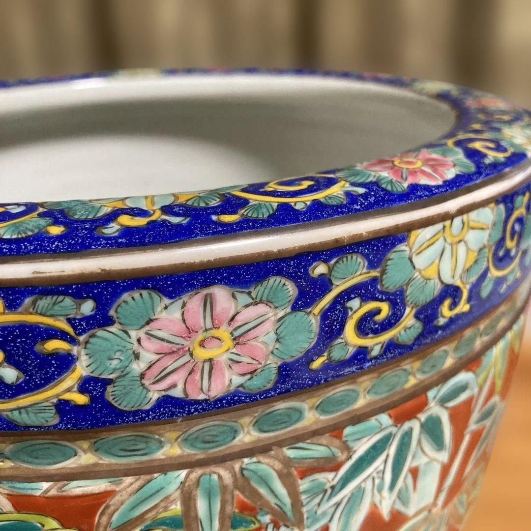 火鉢　赤絵火鉢　手火鉢　有田焼　伊万里焼　メダカ鉢　鉢カバー　竹雀　野菊 花鳥画