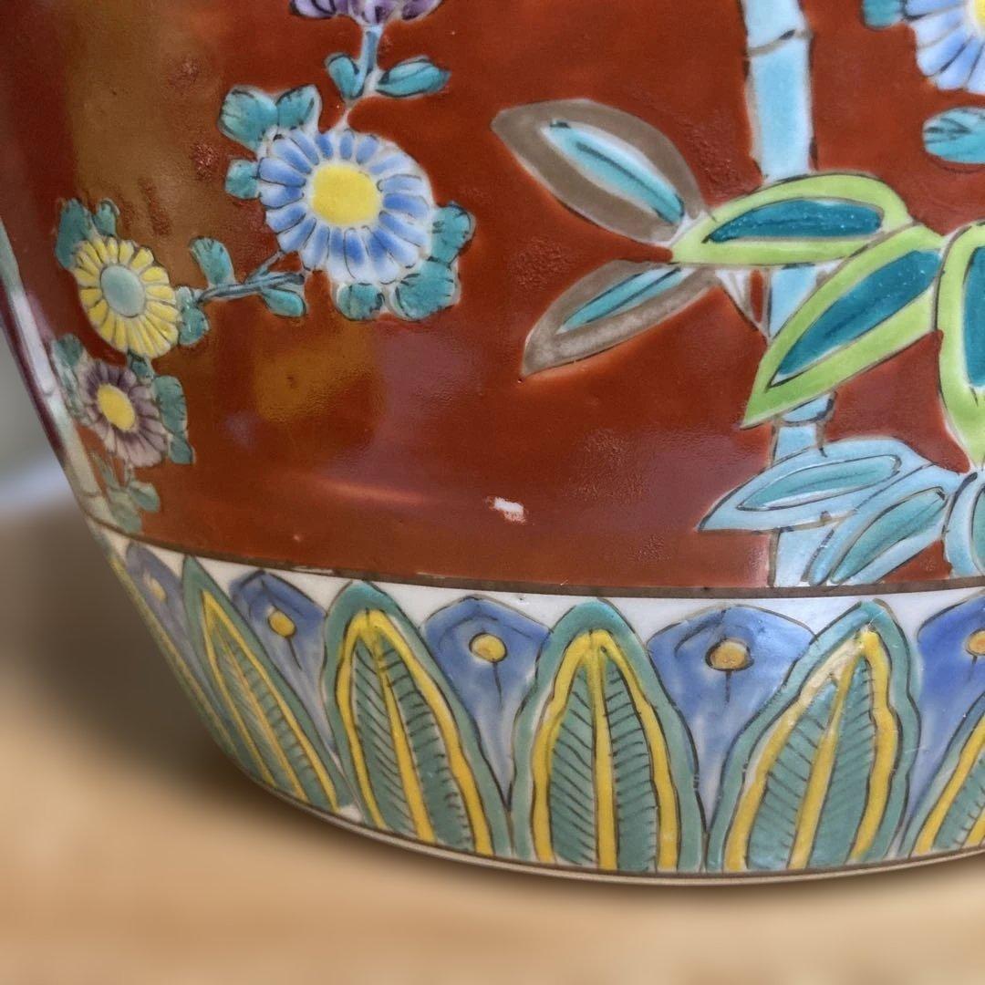 火鉢　赤絵火鉢　手火鉢　有田焼　伊万里焼　メダカ鉢　鉢カバー　竹雀　野菊 花鳥画