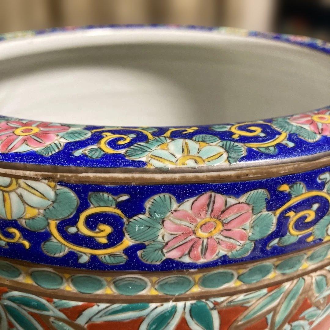 火鉢　赤絵火鉢　手火鉢　有田焼　伊万里焼　メダカ鉢　鉢カバー　竹雀　野菊 花鳥画