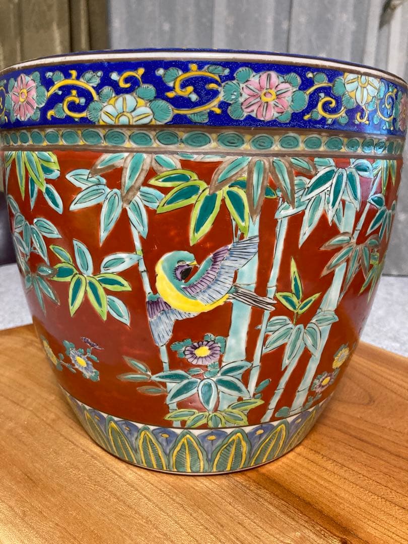 火鉢　赤絵火鉢　手火鉢　有田焼　伊万里焼　メダカ鉢　鉢カバー　竹雀　野菊 花鳥画