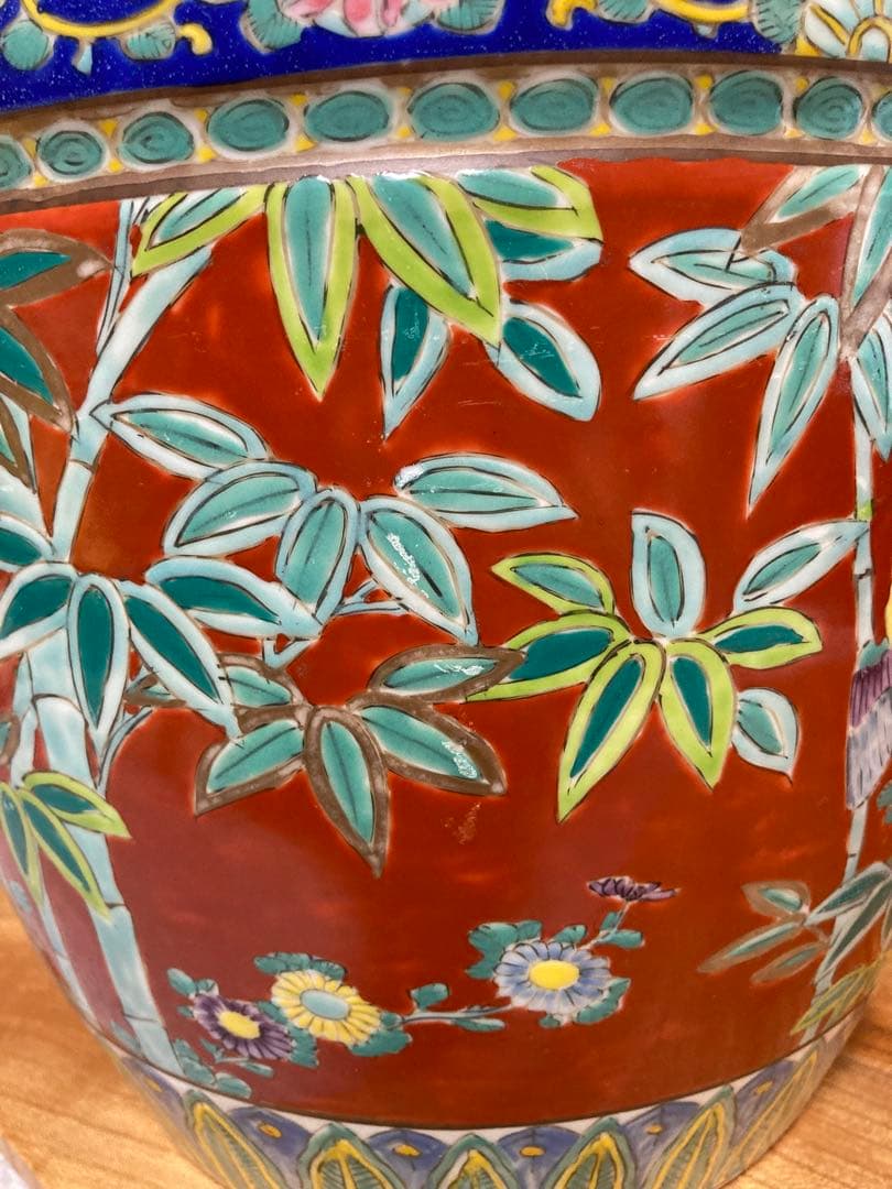 火鉢　赤絵火鉢　手火鉢　有田焼　伊万里焼　メダカ鉢　鉢カバー　竹雀　野菊 花鳥画