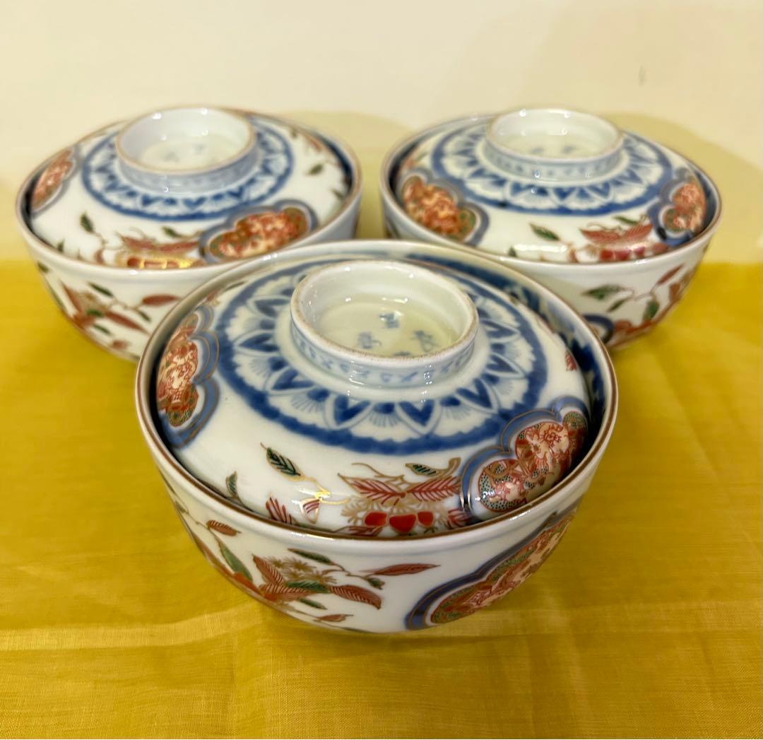 最終処分価格　明治 長春冨貴 伊万里焼 金彩染付 蓋付中鉢 ３客