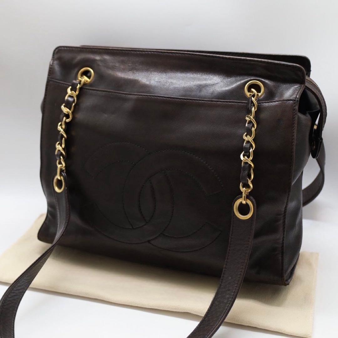 【美品❗✨】 シールあり　シャネル　トートバッグ　ラムスキン　ココマーク　こげ茶
