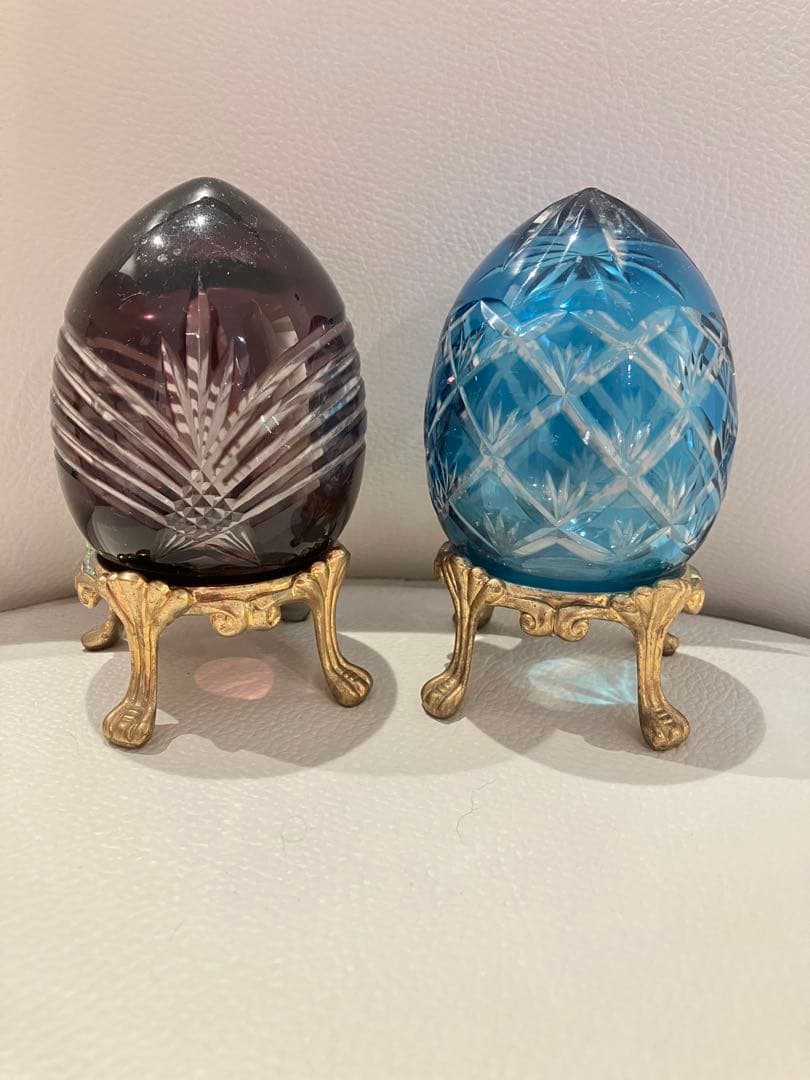 希少★ボヘミアンカットガラス卵型（イースターエッグ）オブジェ 2個セット