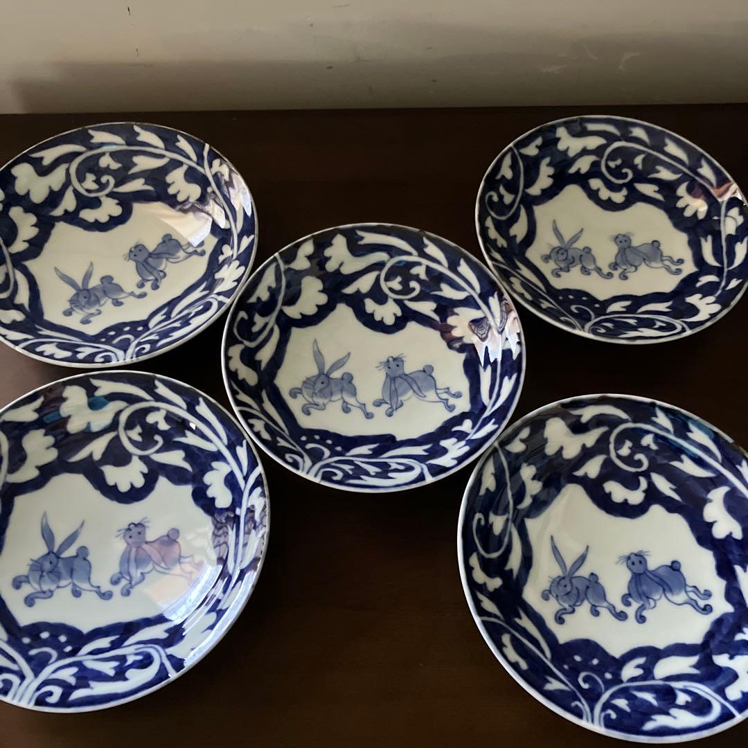 惣太窯　そうた窯　うさぎ模様　草花模様　深皿　5枚セット