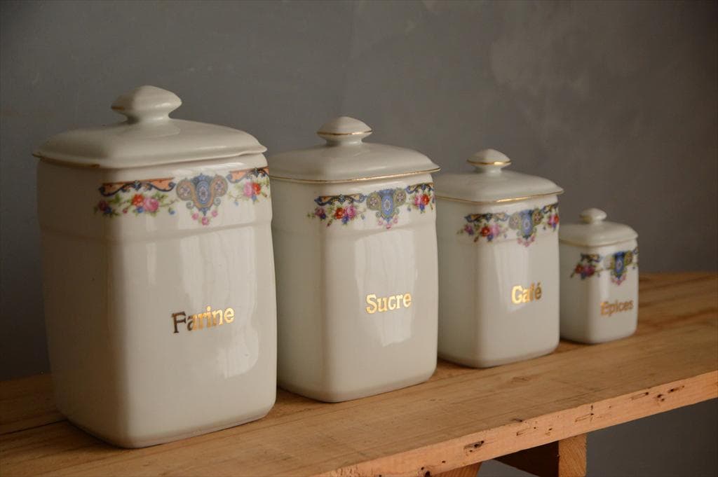 フランスアンティーク磁器製キャニスター4個/ポーセリン容器/雑貨(47-232)