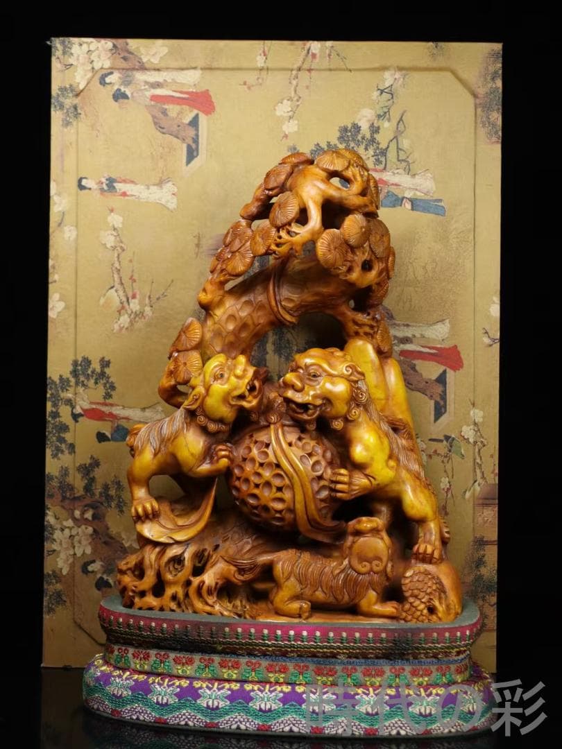 中国古美術【寿山田黄石 獅子】滄作款 旧蔵重器 細密彫 手彫り 細作 在銘 置物