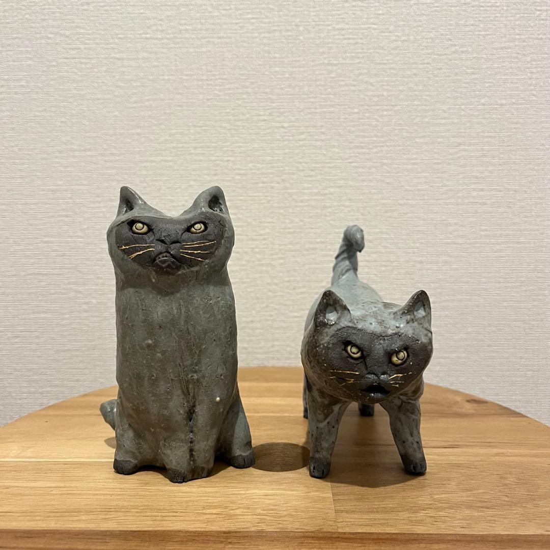 岡山富男　作家の手作り陶器　猫の置物　セット
