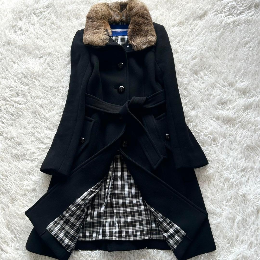 【極美品】バーバリーブルーレーベル　ファー付き　ベルテッドコート　黒　38