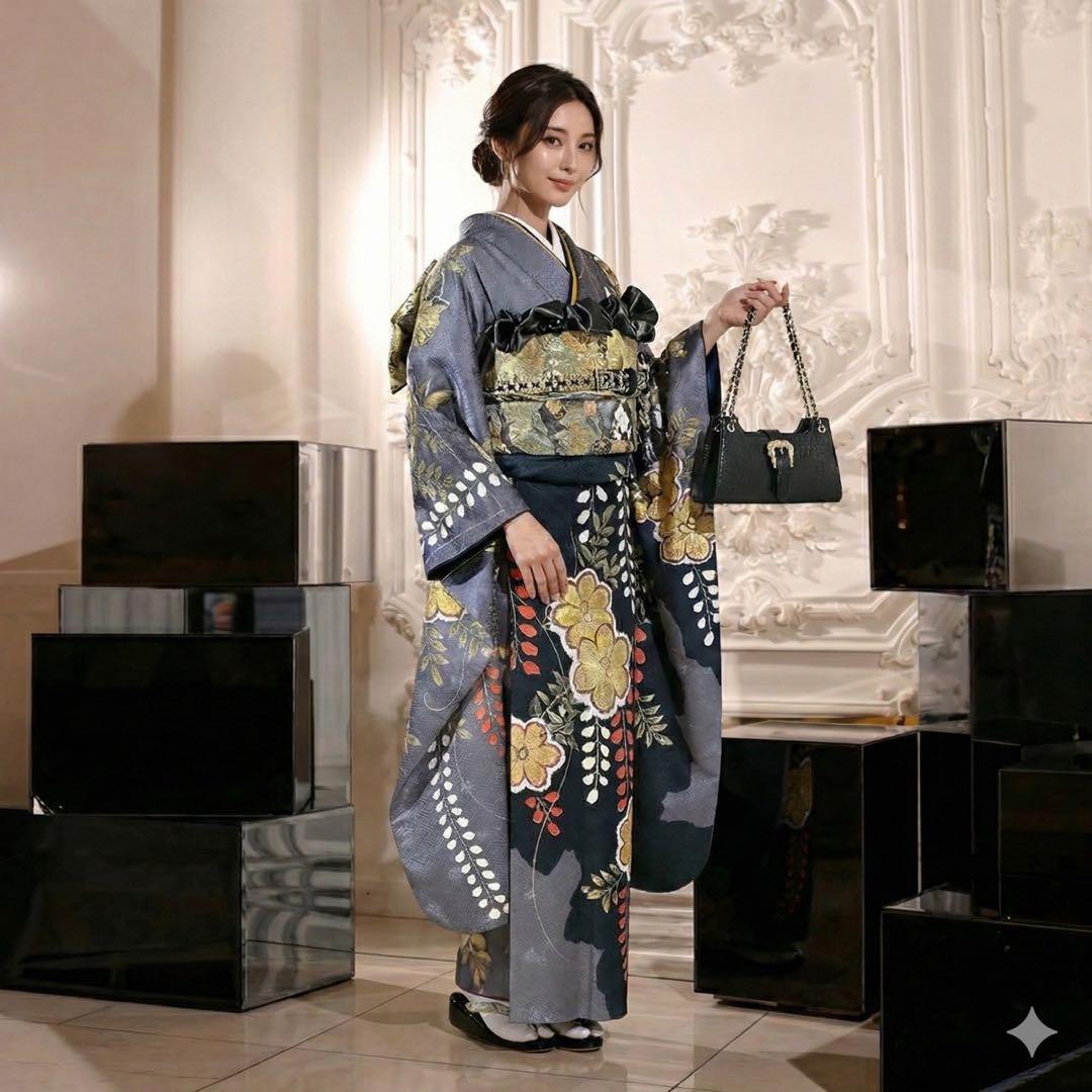 モード黒灰 染め分け グレー ファーショール 振袖 フルセット