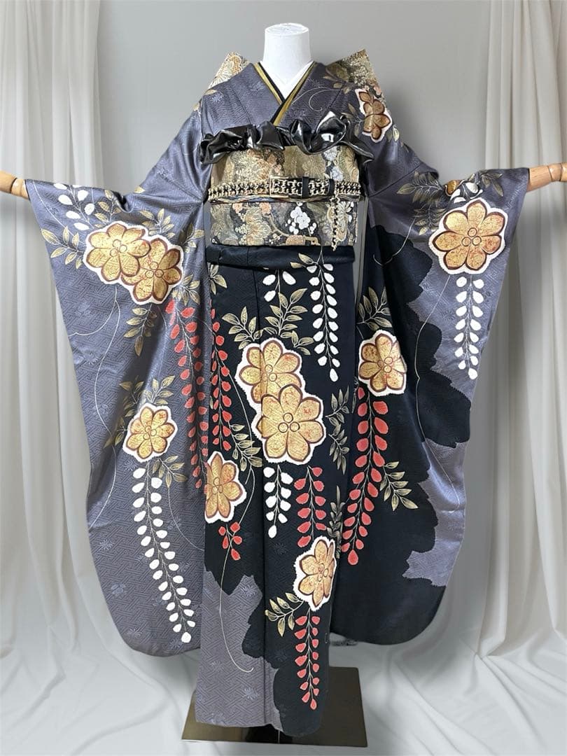 モード黒灰 染め分け グレー ファーショール 振袖 フルセット