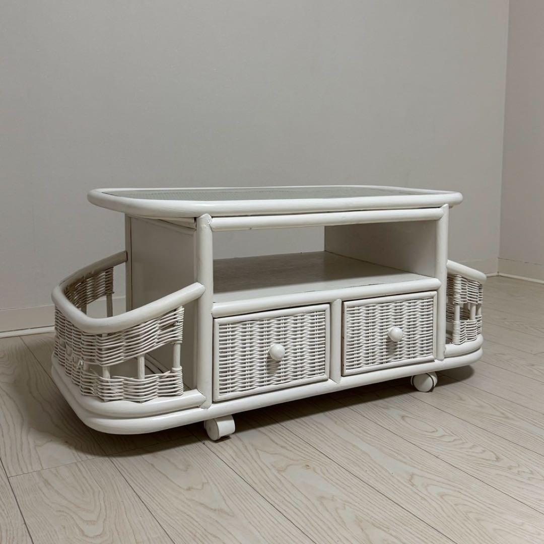 ホワイトラタンアンティークガラスローセンターテーブル