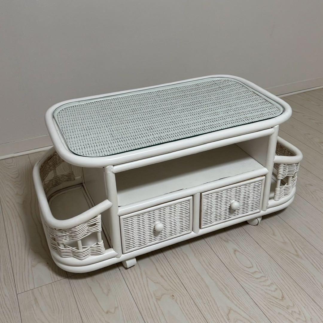 ホワイトラタンアンティークガラスローセンターテーブル