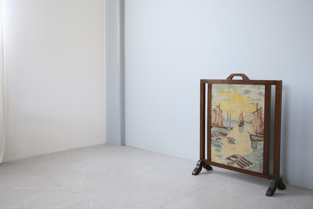 英国アンティーク木製ファイヤースクリーン/衝立/刺繍プチポワン(88-102)