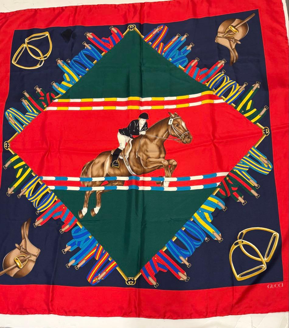 グッチ☆大判スカーフ　GG柄ストール馬具柄　ロゴ　ヴィンテージ　オールドグッチ